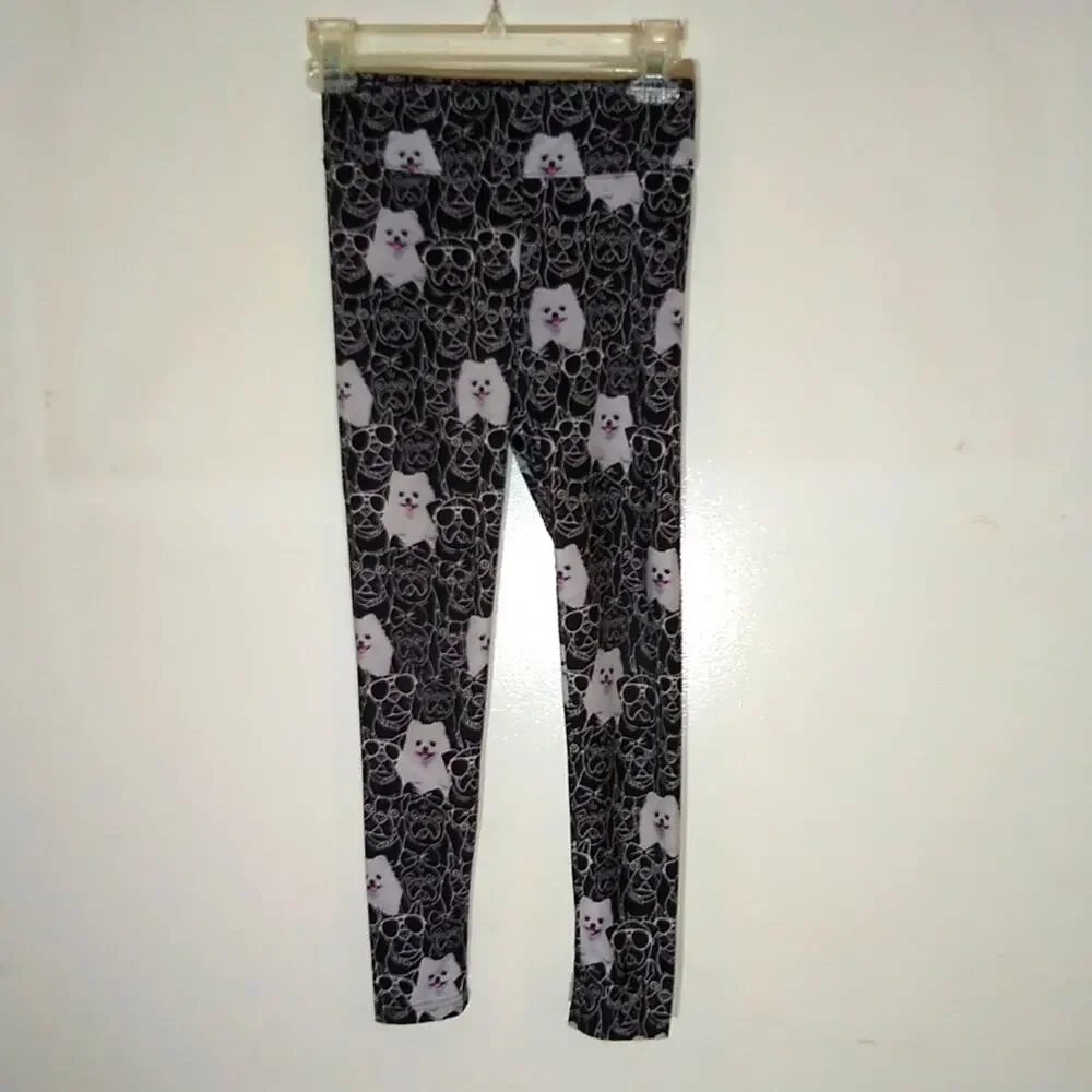 Justice Girls Black small puppy Leggings Full Length Elastic Waist Size 12